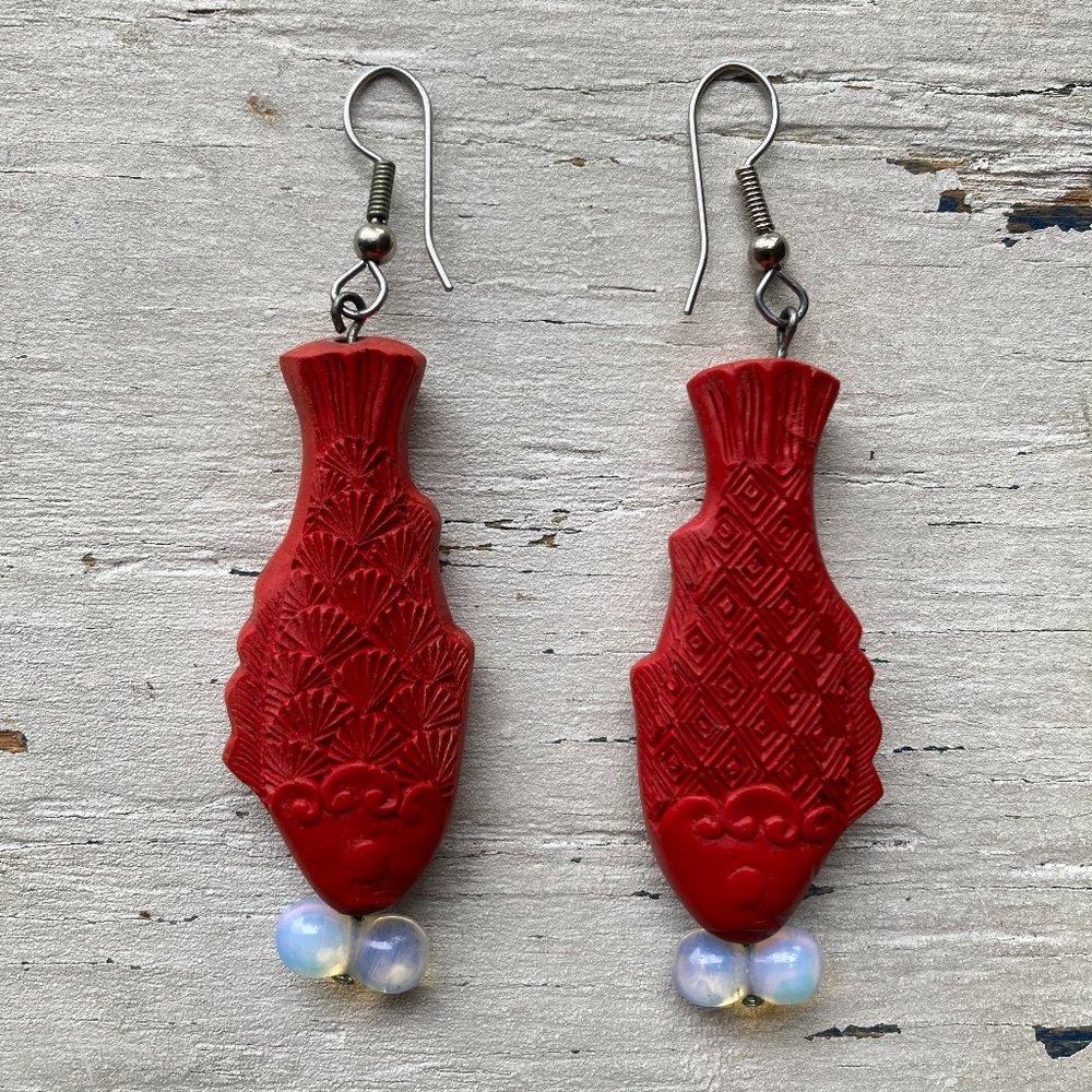 GOOD LUCK/PROSPERITY - Chinese Cinnabar Fish and Moonstone "Bubble" earrings